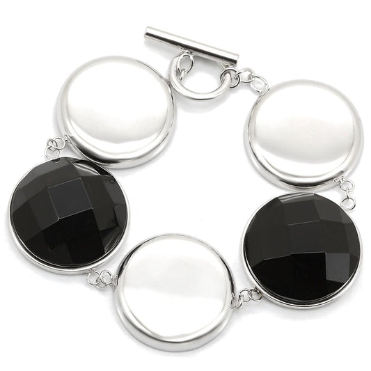 LOS333 - Rhodium 925 Sterling Silver Bracelet with Semi-Precious Agate in Jet Elsy Style Bracelet