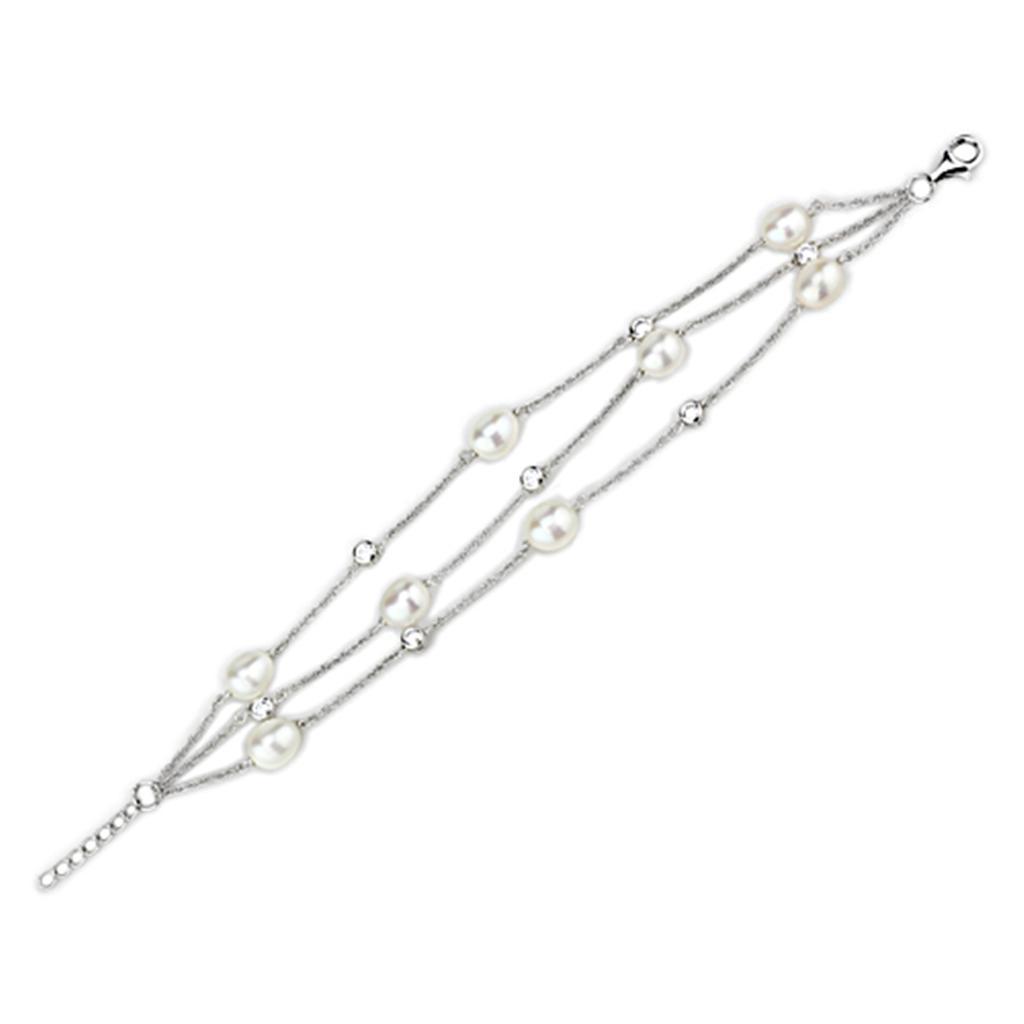 LOS781 - Rhodium 925 Sterling Silver Bracelet with Synthetic Pearl in White Elsy Style Bracelet