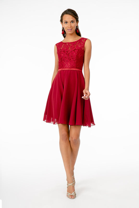 Lace Embellished Bodice Chiffon Short Dress GLGS2807 Elsy Style HOMECOMING