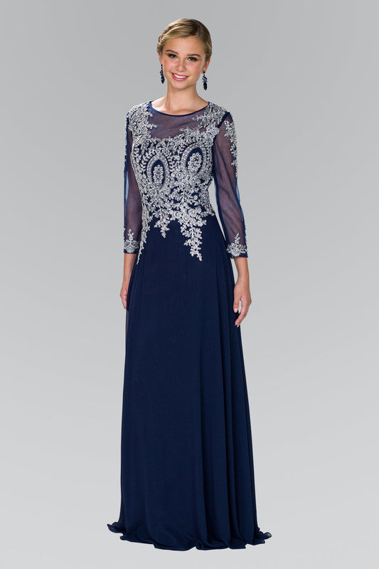 Lace Embellished Floor Length Dress with Sheer Sleeve GLGL1368 Elsy Style MOTHER OF BRIDE