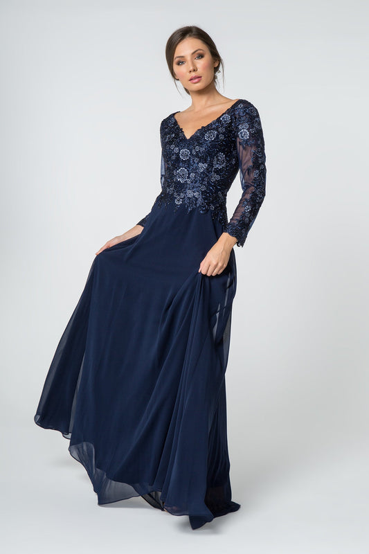 Lace Embellished V-Neck Chiffon Long Dress Mesh Sleeve
 GLGL2825 Elsy Style MOTHER OF BRIDE