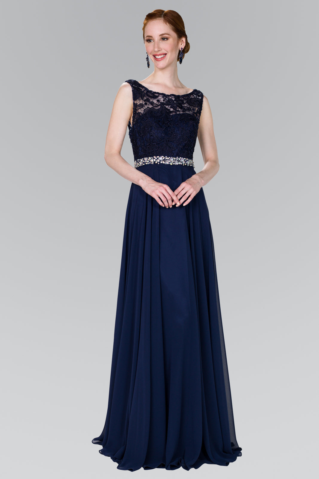 Lace Top Chiffon Long Dress Accented by Jewels on the Waist GLGL2420 Elsy Style PROM