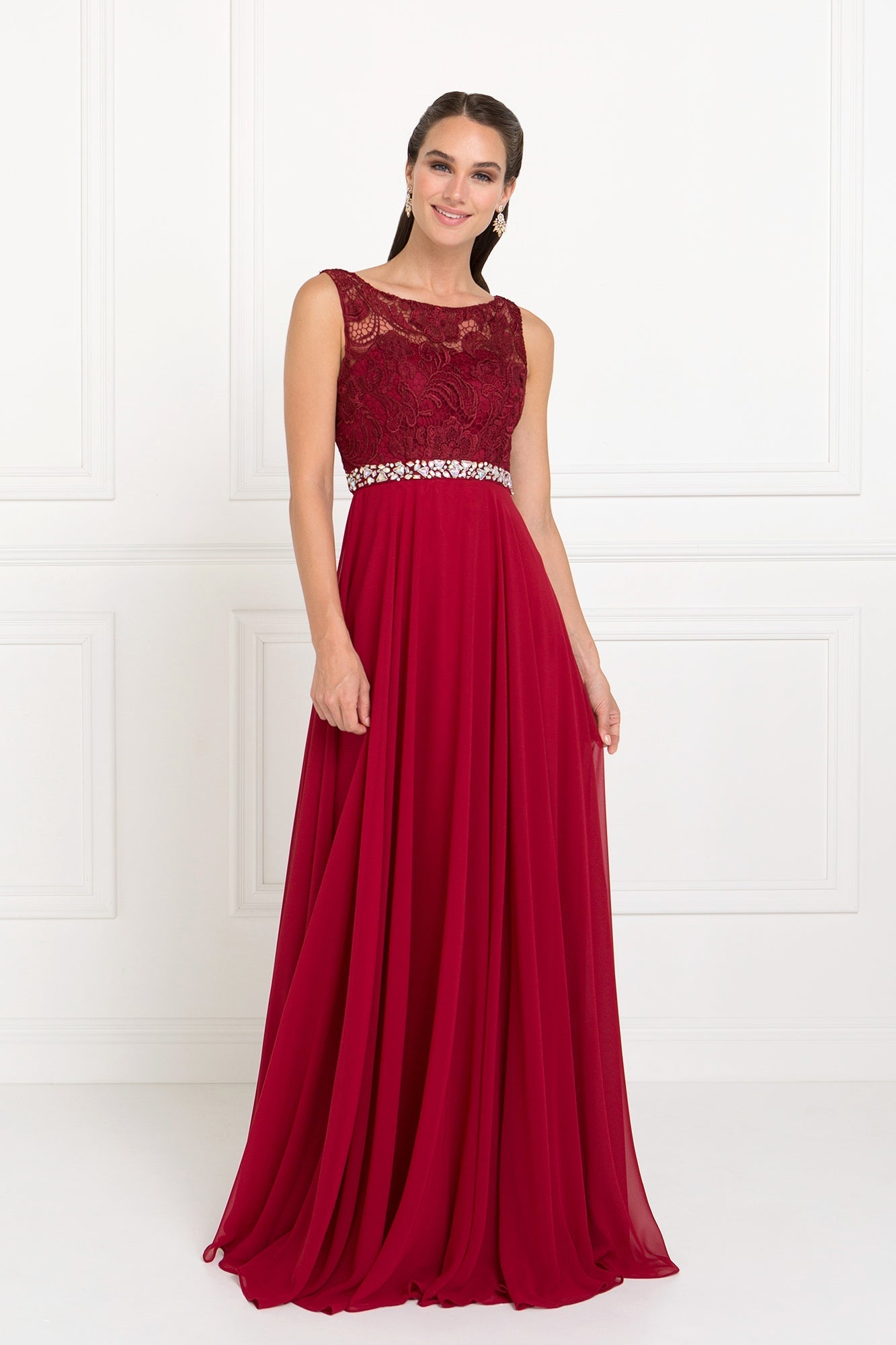 Lace Top Chiffon Long Dress Accented by Jewels on the Waist GLGL2420 Elsy Style PROM