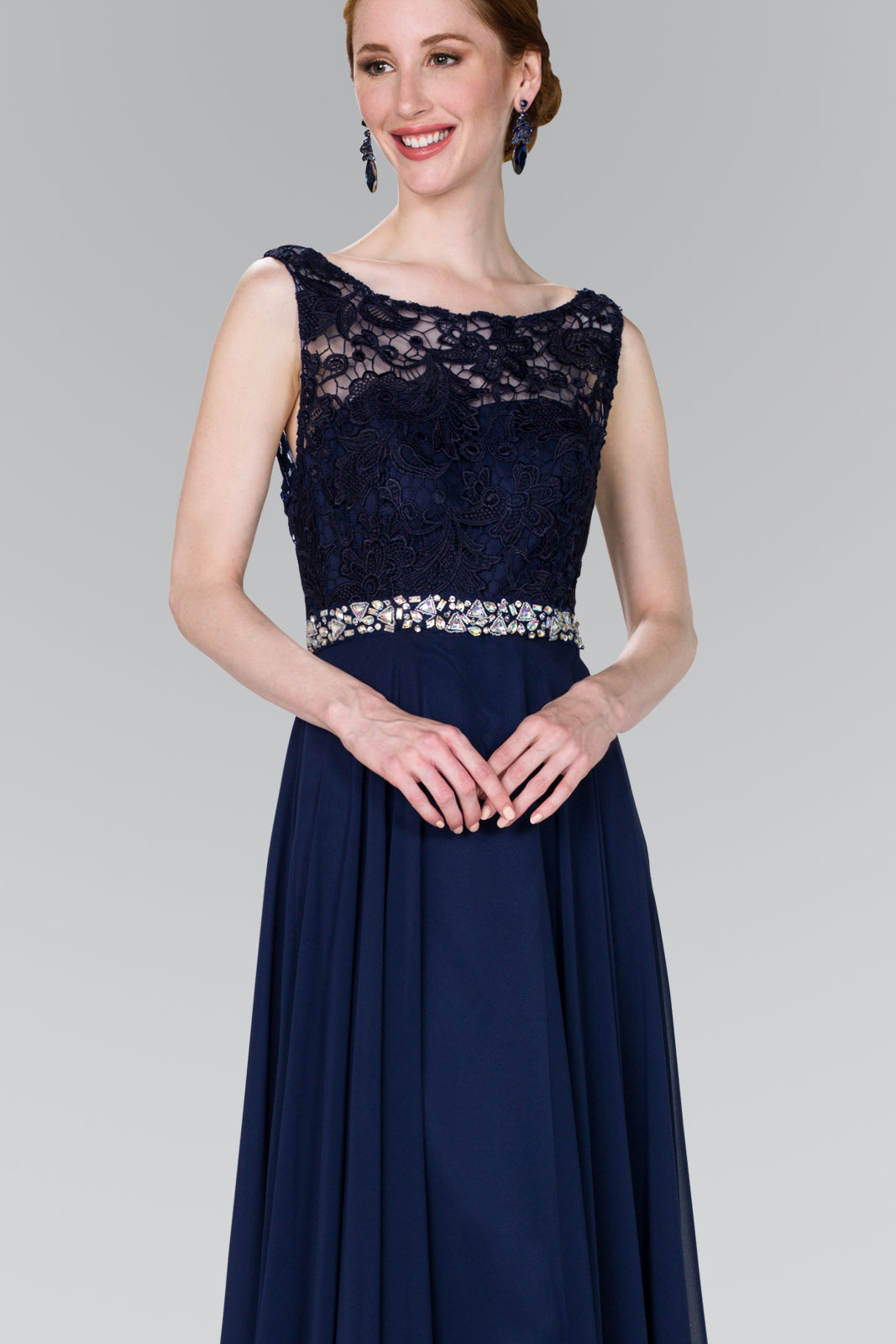 Lace Top Chiffon Long Dress Accented by Jewels on the Waist GLGL2420 Elsy Style PROM