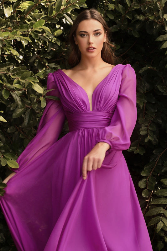 Long Sleeve Chiffon Prom & Ball Dress Modest Gown Gathered Fitted Bodice Sensual Open Back A-line Silhouette CDCD0192 Elsy Style Prom Dress