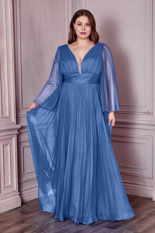 Long Sleeve Illusion V-neck Bodice Plus Size Chiffon Pleated Prom Gown Curvy Solid Bridesmaid Dress A-line Silhouette Skirt CDCD242C Elsy Style Bridesmaid Dress