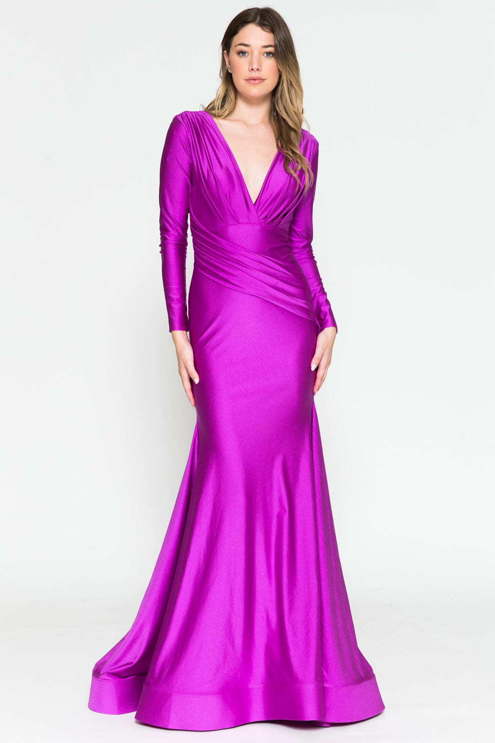 Long Sleeve Plunge Neckline Open Back Long Prom Dress AC381-1 Elsy Style Mother Of The Bride Dress