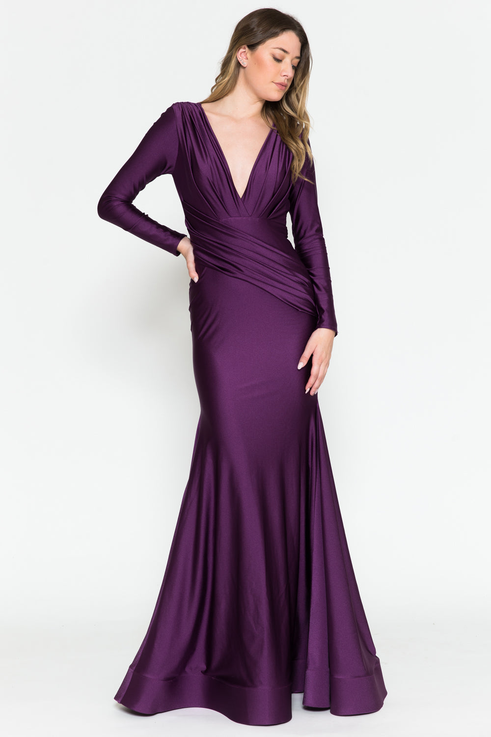 Long Sleeve Plunge Neckline Open Back Long Prom Dress AC381-1 Elsy Style Mother Of The Bride Dress