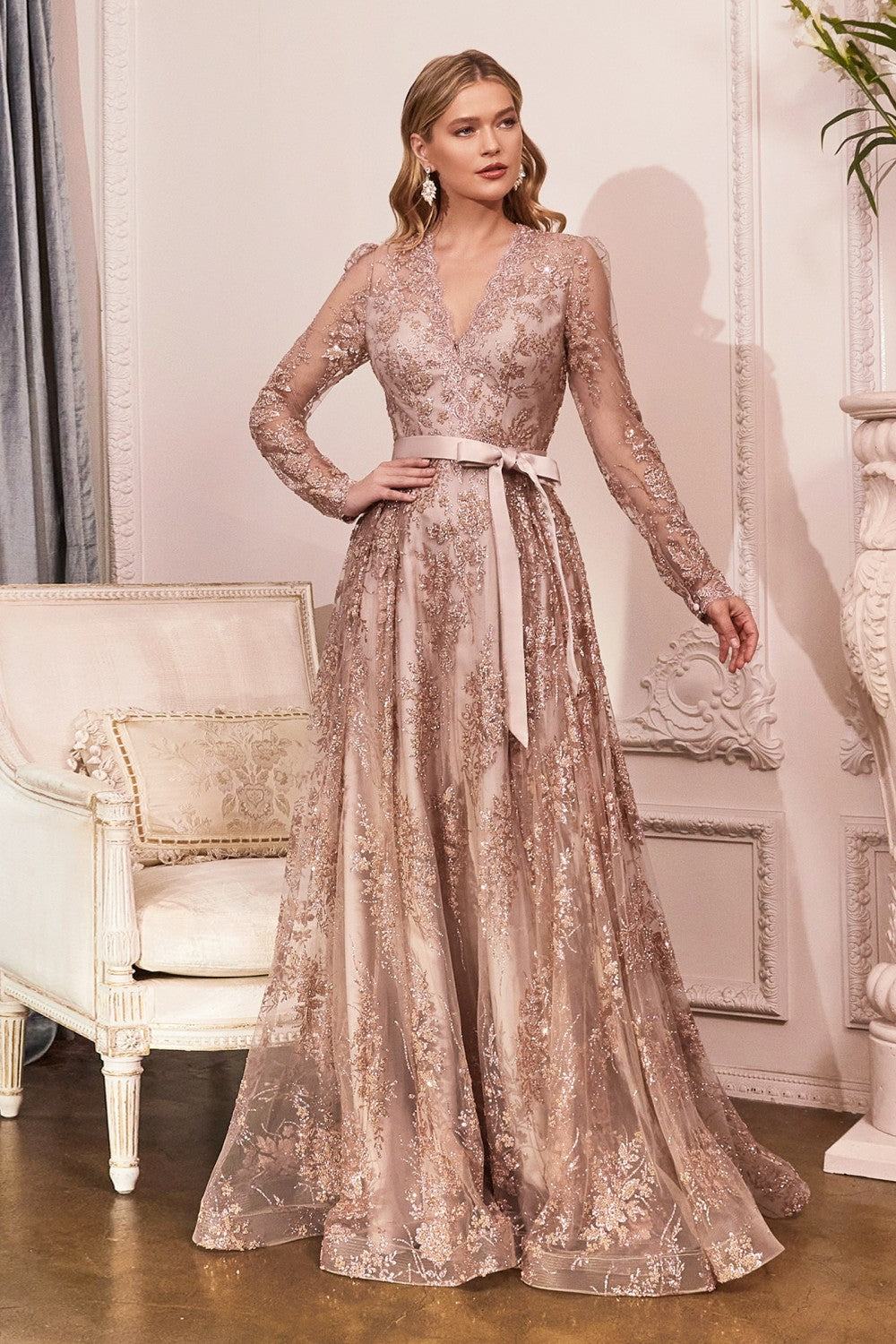 Long Sleeve V-neck Embellished Modest Bodice Glitter Sequin A-line Long Mother of Bride & Bridesmaid Dress Luxury Retro Gown CDCD233 Elsy Style Mother of the Bride Dress