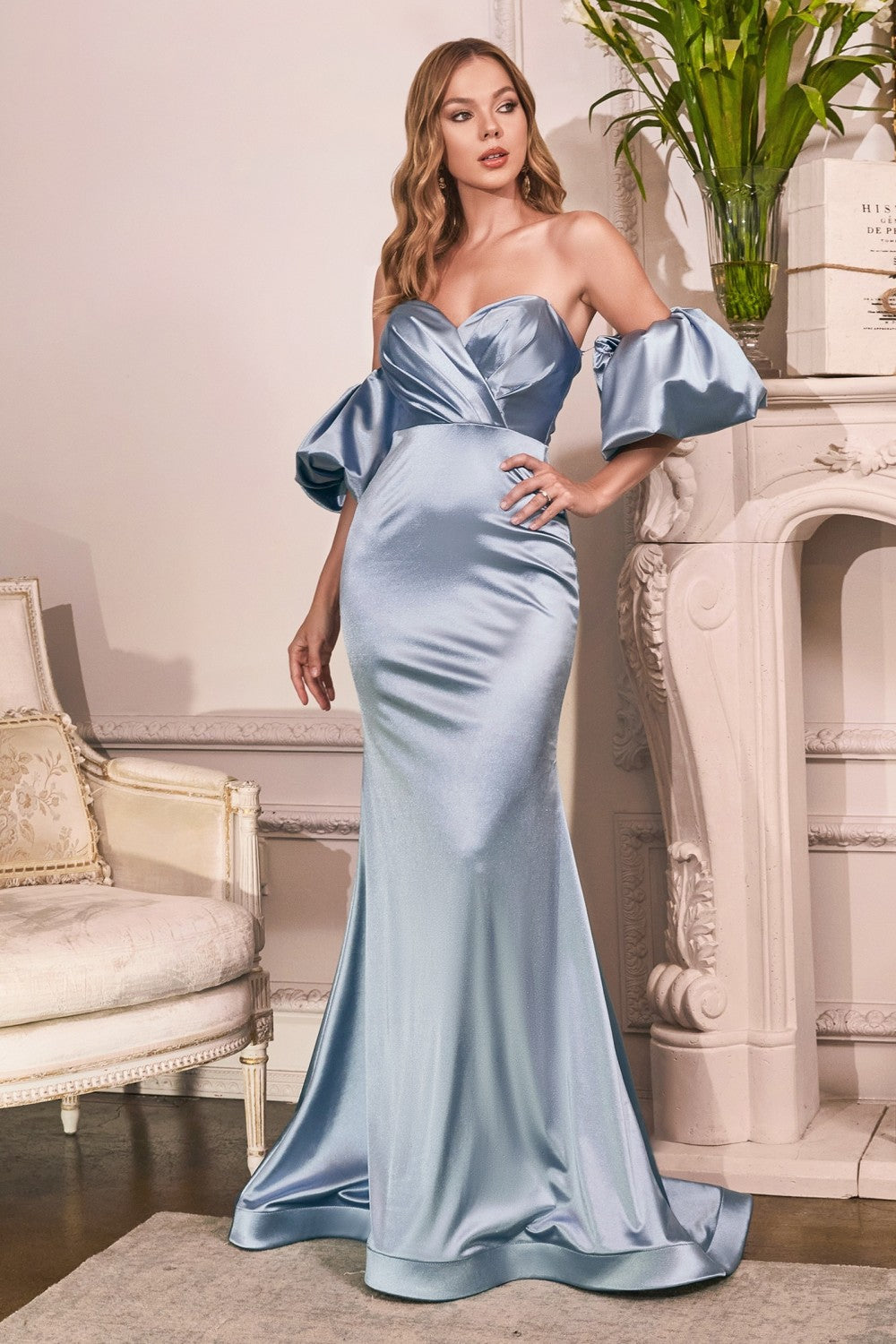 Luxury Puff Sleeves Satin Curve Gown Gathered Wrapped Sweetheart Bodice Mid Open Back Elegant Style Classic Vintage CDCD983C Elsy Style Evening Dress