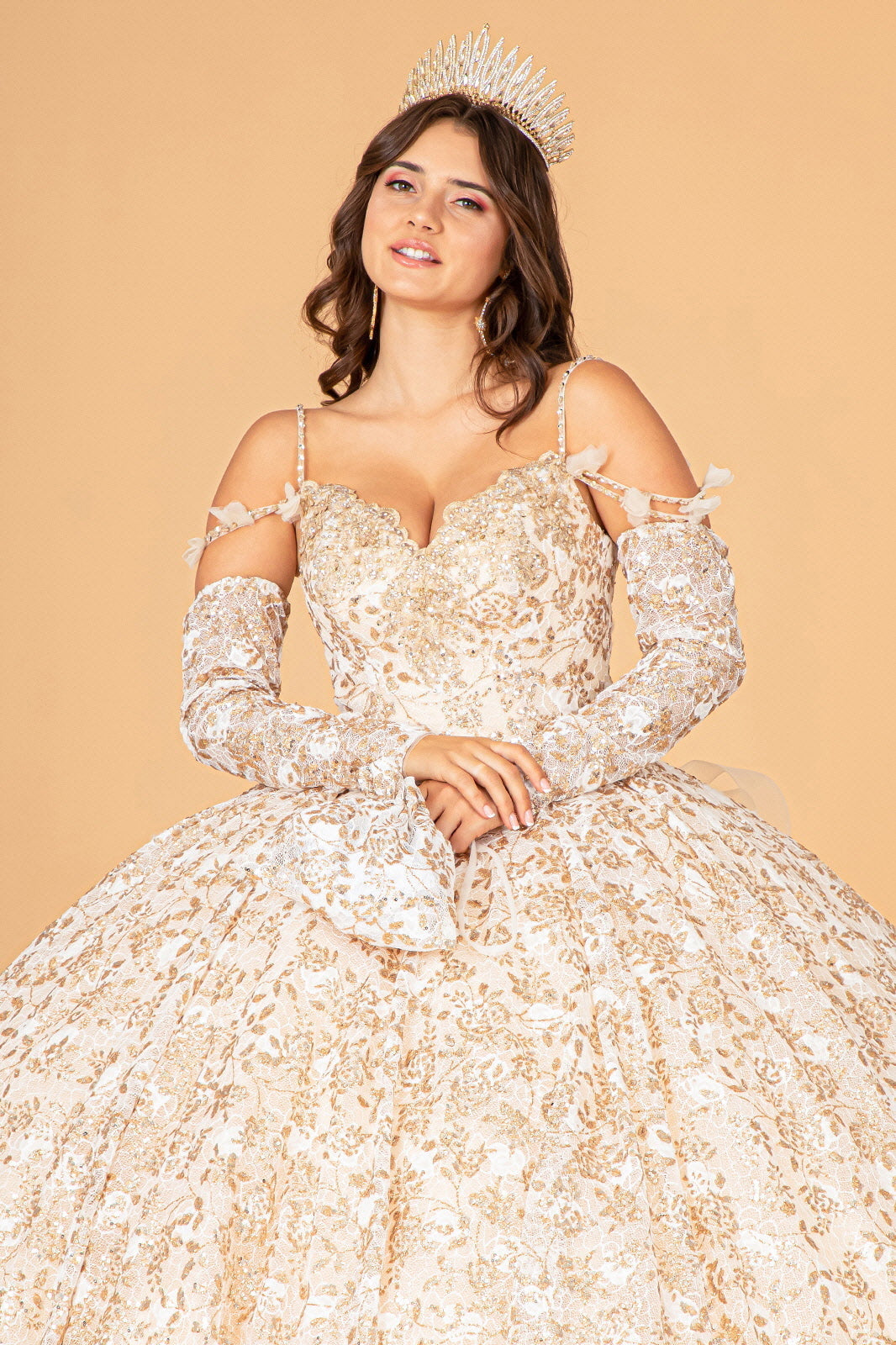 Mesh Detachable Long Sleeves Quinceanera Dress Detachable Ribbon and Ruffled Train GLGL3072 Elsy Style QUINCEANERA