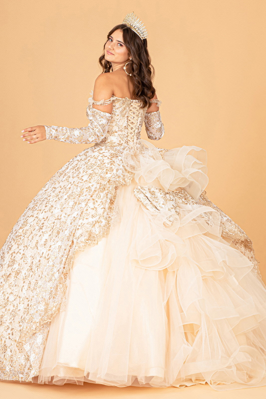 Mesh Detachable Long Sleeves Quinceanera Dress Detachable Ribbon and Ruffled Train GLGL3072 Elsy Style QUINCEANERA