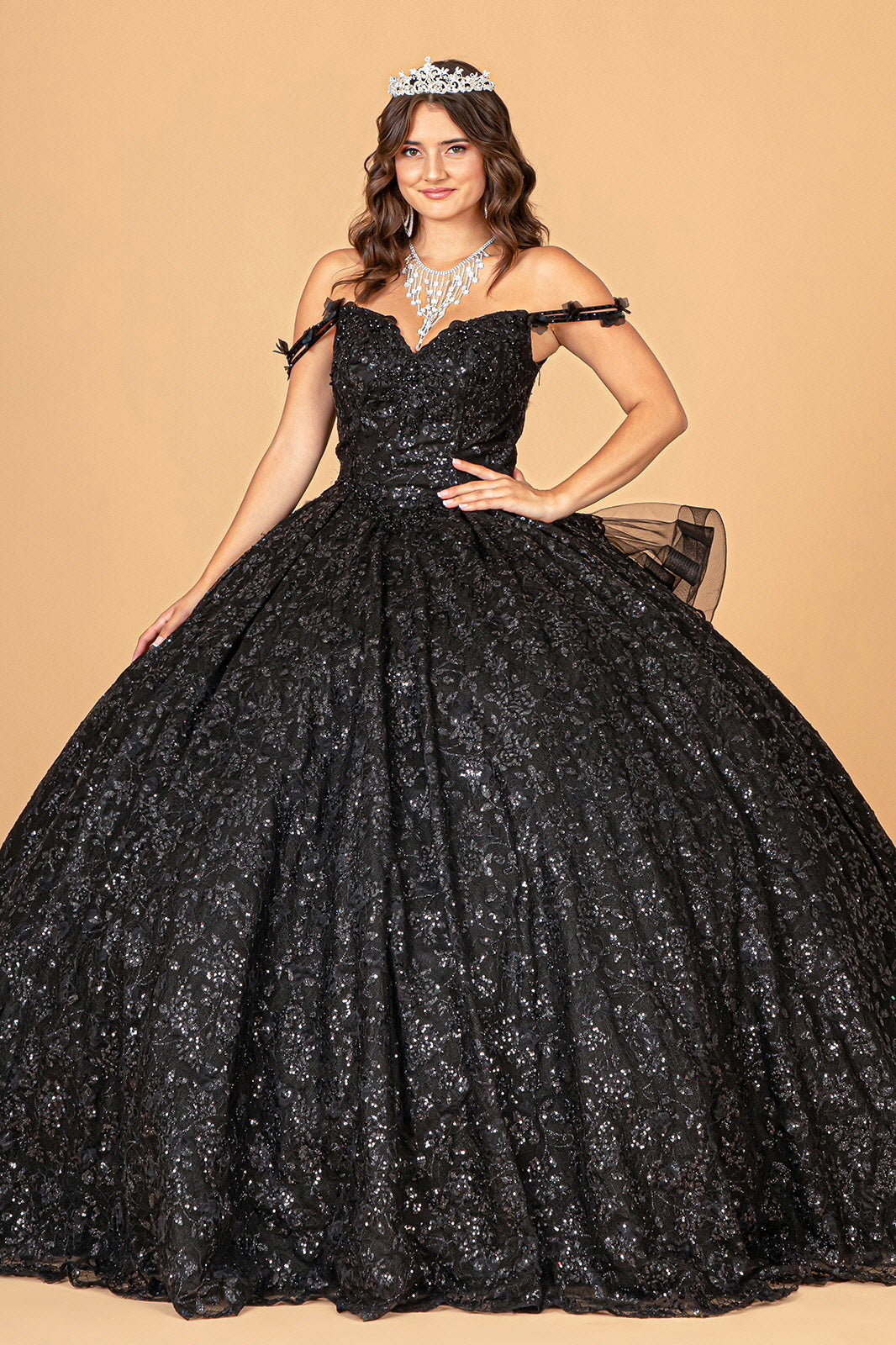 Mesh Detachable Long Sleeves Quinceanera Dress Detachable Ribbon and Ruffled Train GLGL3072 Elsy Style QUINCEANERA