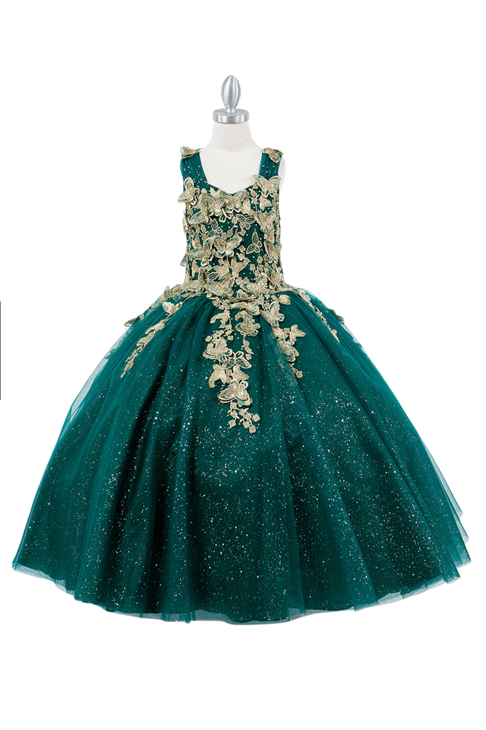 Metallic Embroidered 3D Butterflies Glitter Tulle Long Kids Dress CU8046 Elsy Style Kids Dress