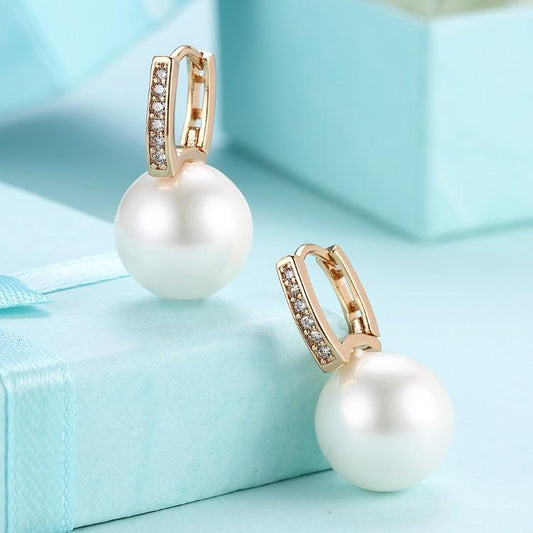 Micro-Pav'e Austrian Crystal Curved Pearl Huggie Earrings Set in 18K Gold ITALY Design Elsy Style Earring