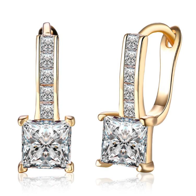 Micro Pav'e Austrian Crystal Princess Cut Leverback Earrings Set in 18K Gold ITALY Design Elsy Style Earring