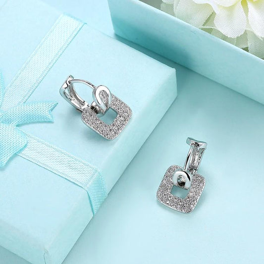 Micro-Pav'e  Crystal Square Shaped Earrings Set in 18K White Gold Elsy Style Earring