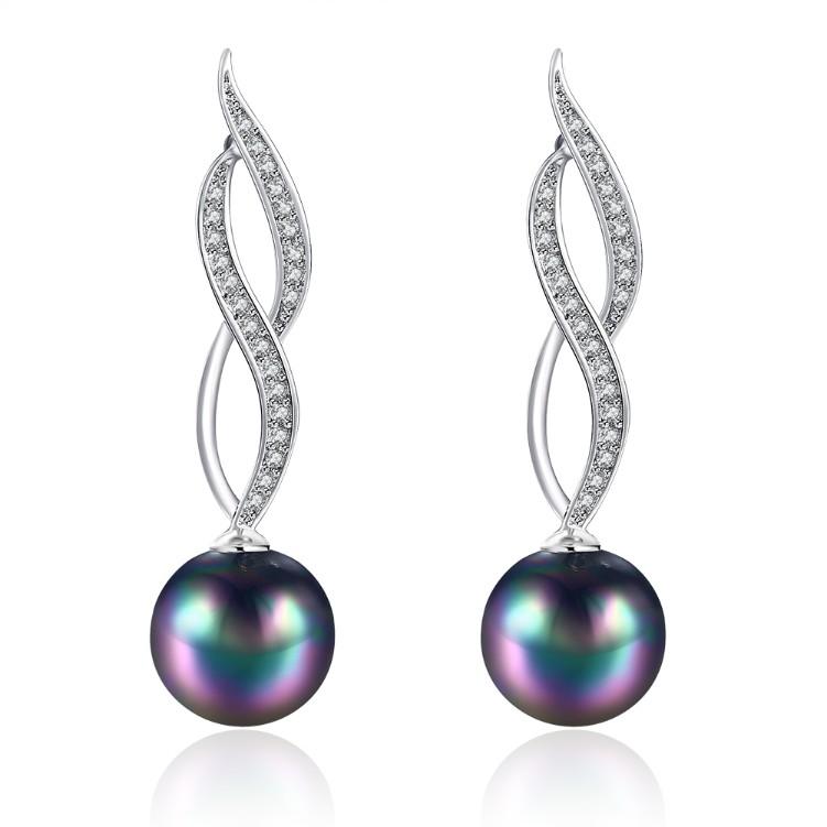 Micro Pav'e Simulated Dimaond Curved Inception Akoya Pearl Dangling Earrings Set in 18K White Gold Elsy Style Earring