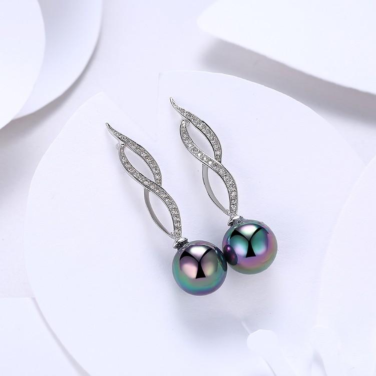 Micro Pav'e Simulated Dimaond Curved Inception Akoya Pearl Dangling Earrings Set in 18K White Gold Elsy Style Earring