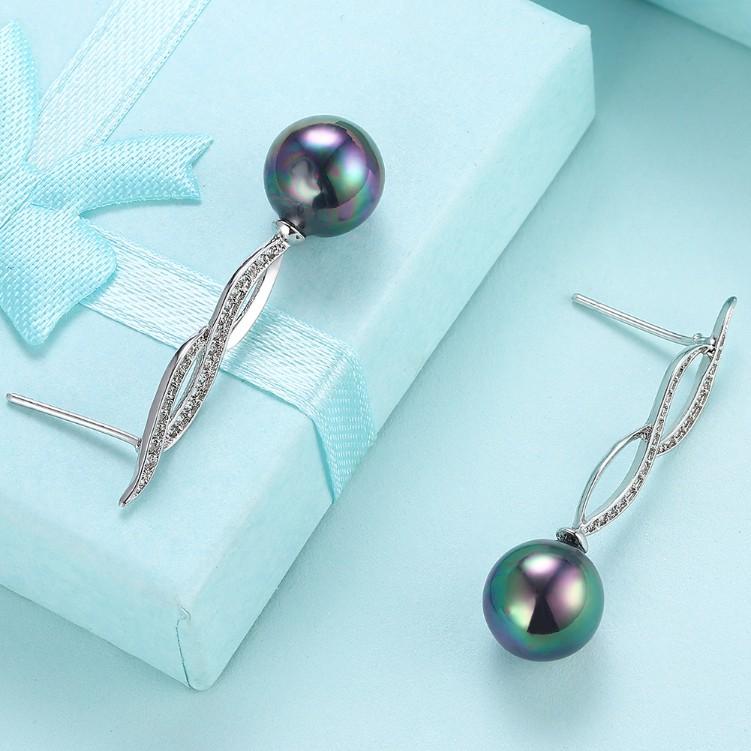 Micro Pav'e Simulated Dimaond Curved Inception Akoya Pearl Dangling Earrings Set in 18K White Gold Elsy Style Earring