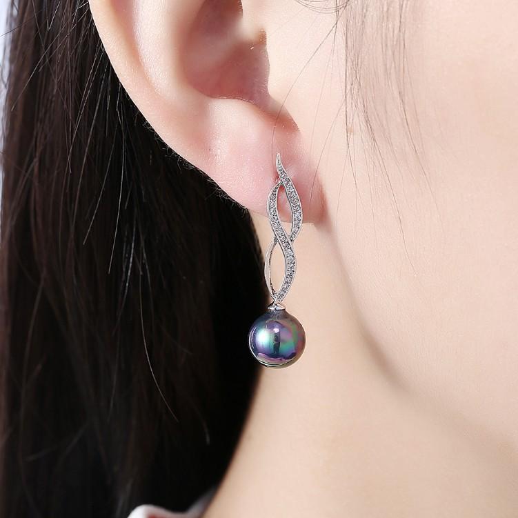 Micro Pav'e Simulated Dimaond Curved Inception Akoya Pearl Dangling Earrings Set in 18K White Gold Elsy Style Earring