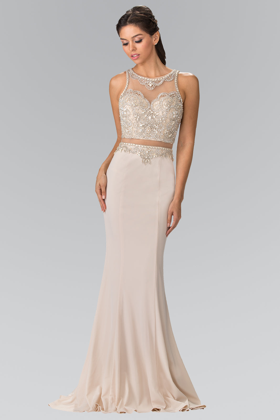 Mock Two-Piece Long Dress with Beaded Top GLGL2342 Elsy Style PROM