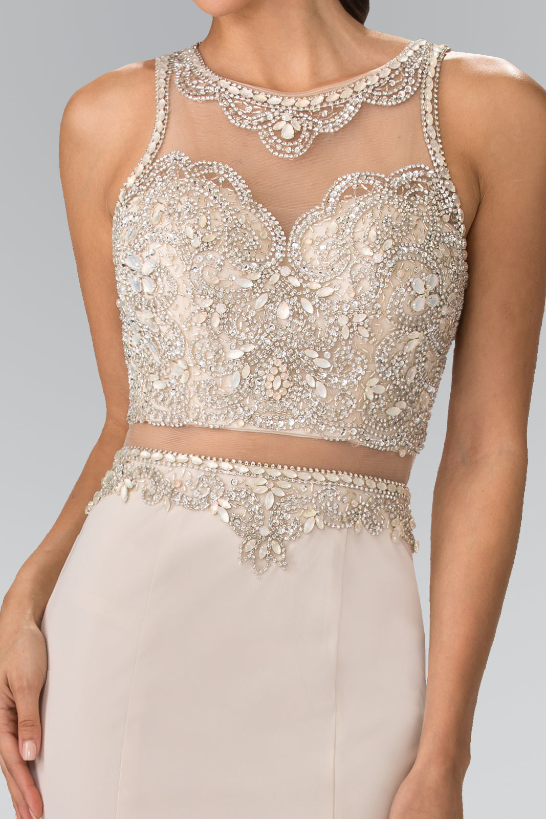 Mock Two-Piece Long Dress with Beaded Top GLGL2342 Elsy Style PROM