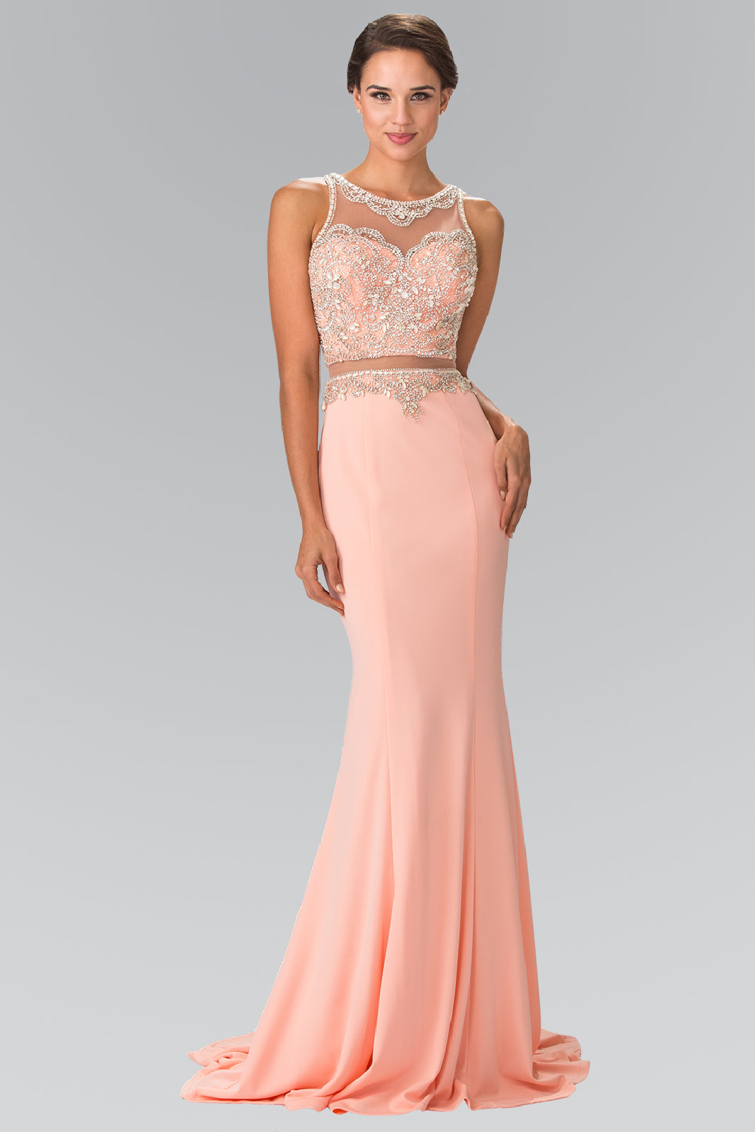 Mock Two-Piece Long Dress with Beaded Top GLGL2342 Elsy Style PROM