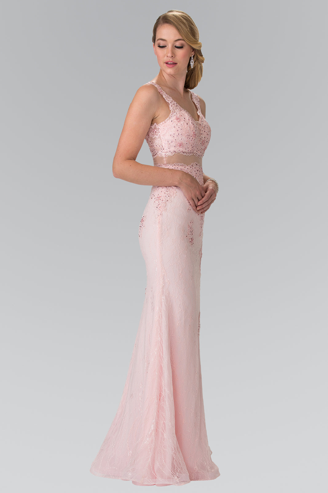 Mock Two-Piece V-Neck Embroidered Lace Long Dress GLGL2240 Elsy Style PROM