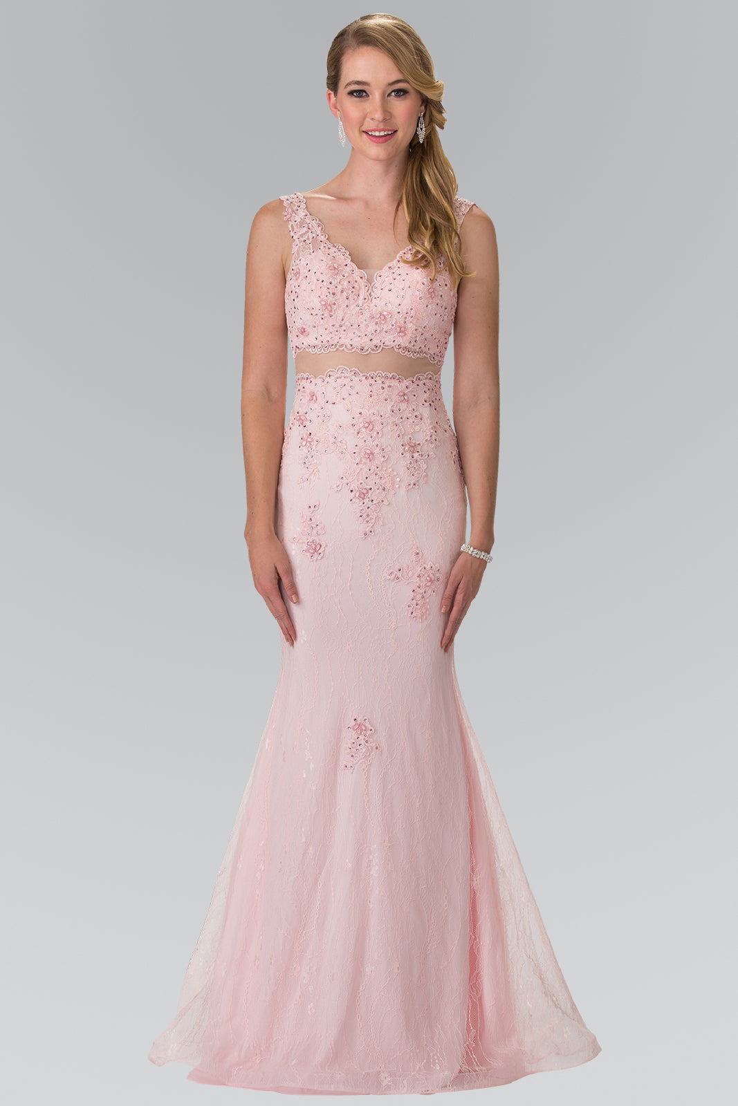 Mock Two-Piece V-Neck Embroidered Lace Long Dress GLGL2240 Elsy Style PROM