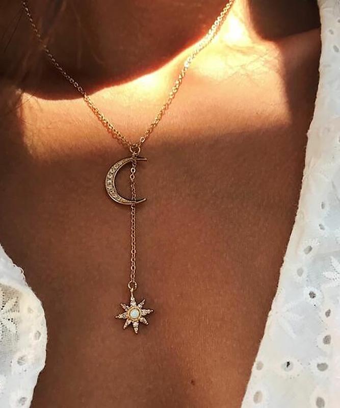 Moon and Star Necklace With Austrian Crystals in 18K Gold Plated ITALY Design Elsy Style Necklace
