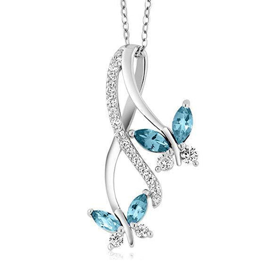 Mother and Child Butterfly Blue Topaz Necklace in 18K White Gold Plated Elsy Style Necklace