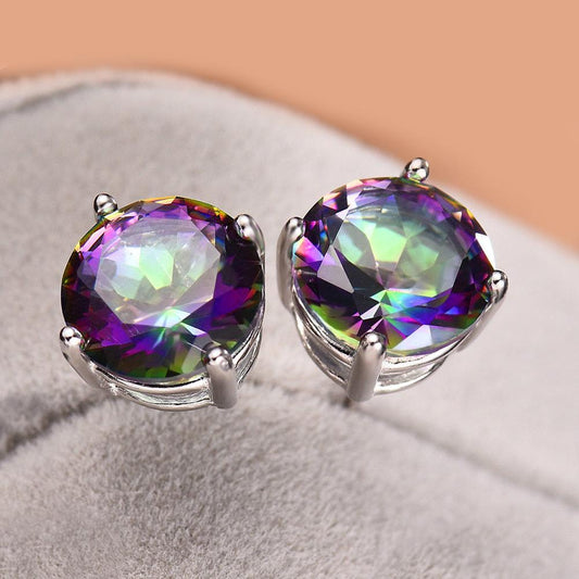 Mystic Topaz Embellished with  Crystals 7mm Stud Earringin 18K White Gold Plated Elsy Style Earring