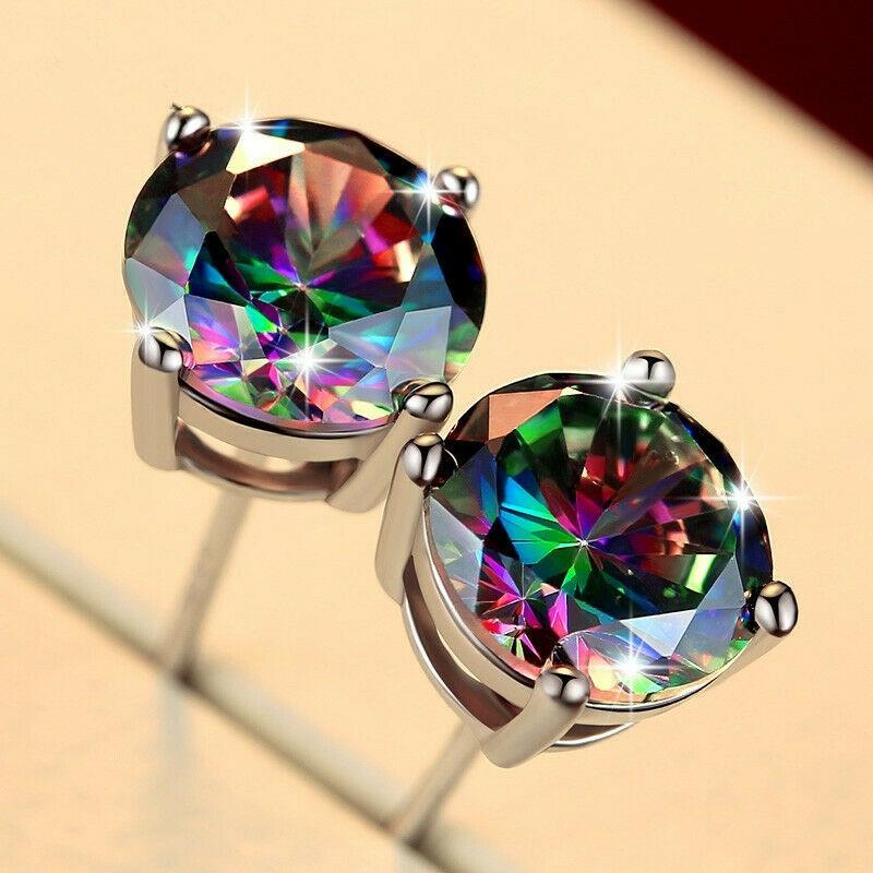 Mystic Topaz Embellished with  Crystals 7mm Stud Earringin 18K White Gold Plated Elsy Style Earring