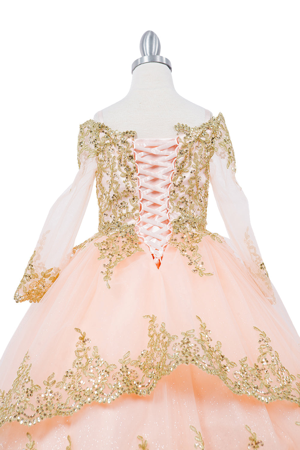 Off Shoulder Glitter Tulle Decorated Gold Coil Lace Long Girl Dress CU8059X Elsy Style Kids Dress