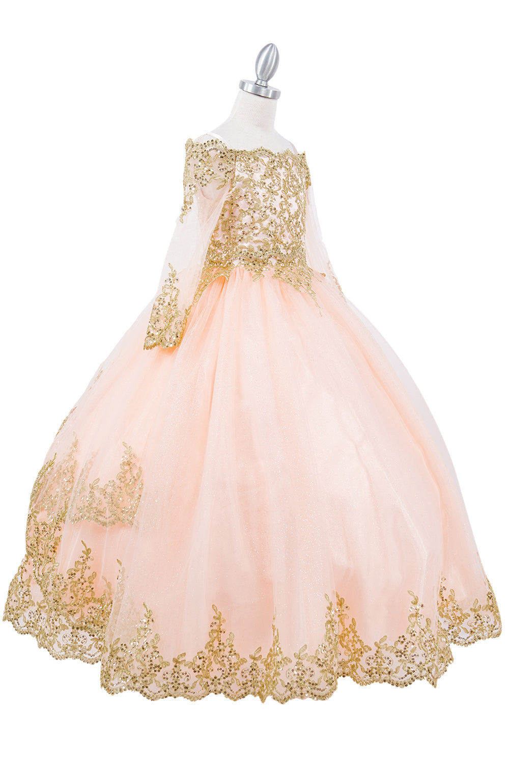 Off Shoulder Glitter Tulle Decorated Gold Coil Lace Long Girl Dress CU8059X Elsy Style Kids Dress