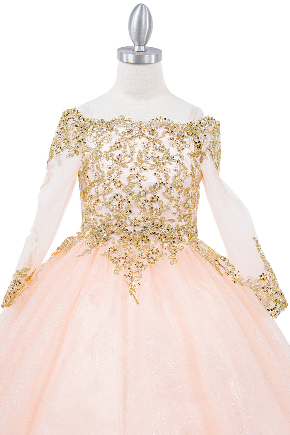 Off Shoulder Glitter Tulle Decorated Gold Coil Lace Long Girl Dress CU8059X Elsy Style Kids Dress