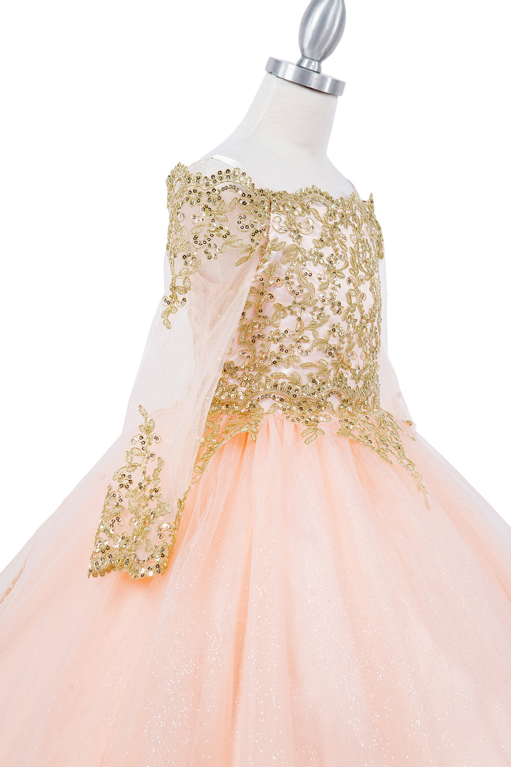 Off Shoulder Glitter Tulle Decorated Gold Coil Lace Long Girl Dress CU8059X Elsy Style Kids Dress