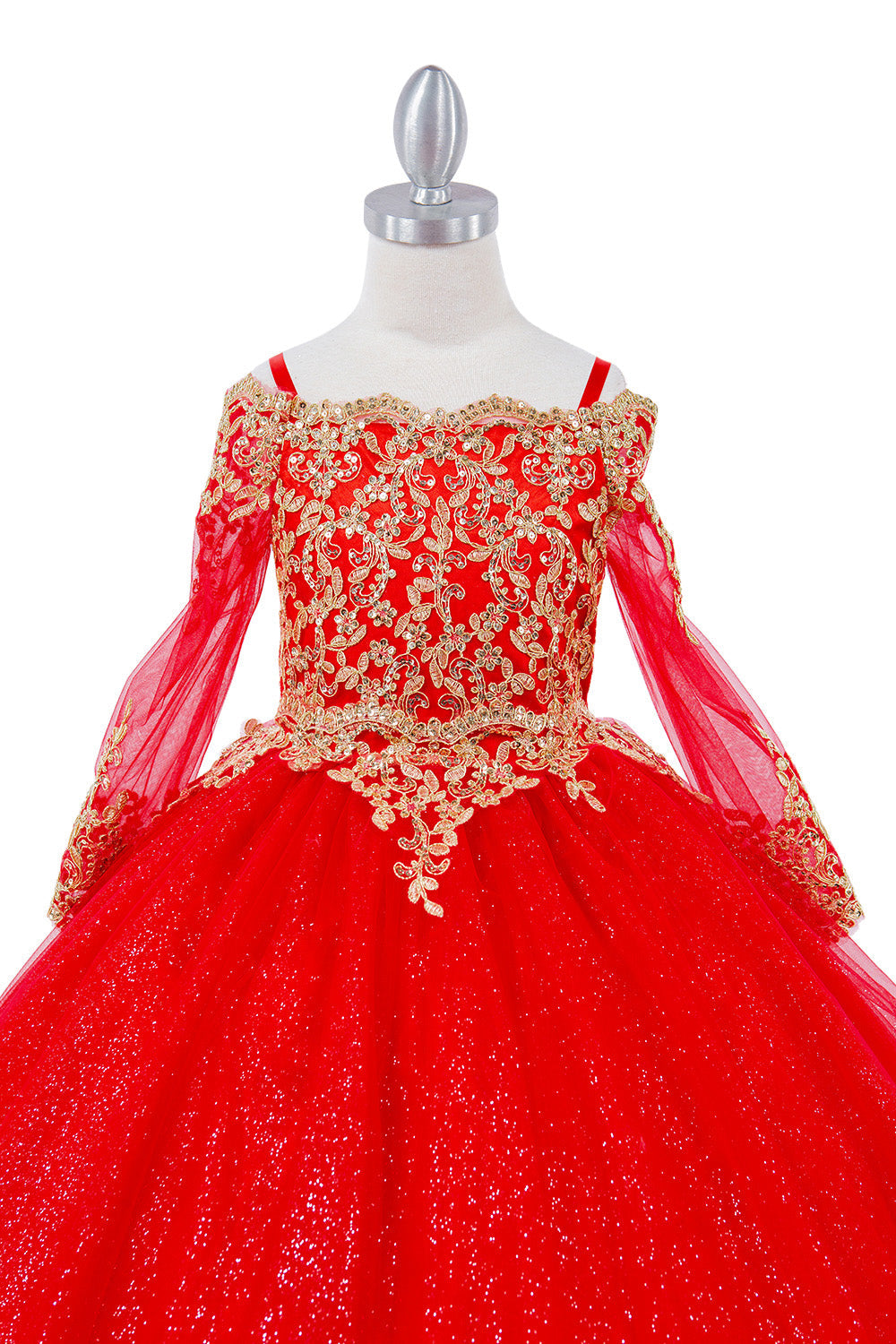 Off Shoulder Glitter Tulle Decorated Gold Coil Lace Long Girl Dress CU8059X Elsy Style Kids Dress