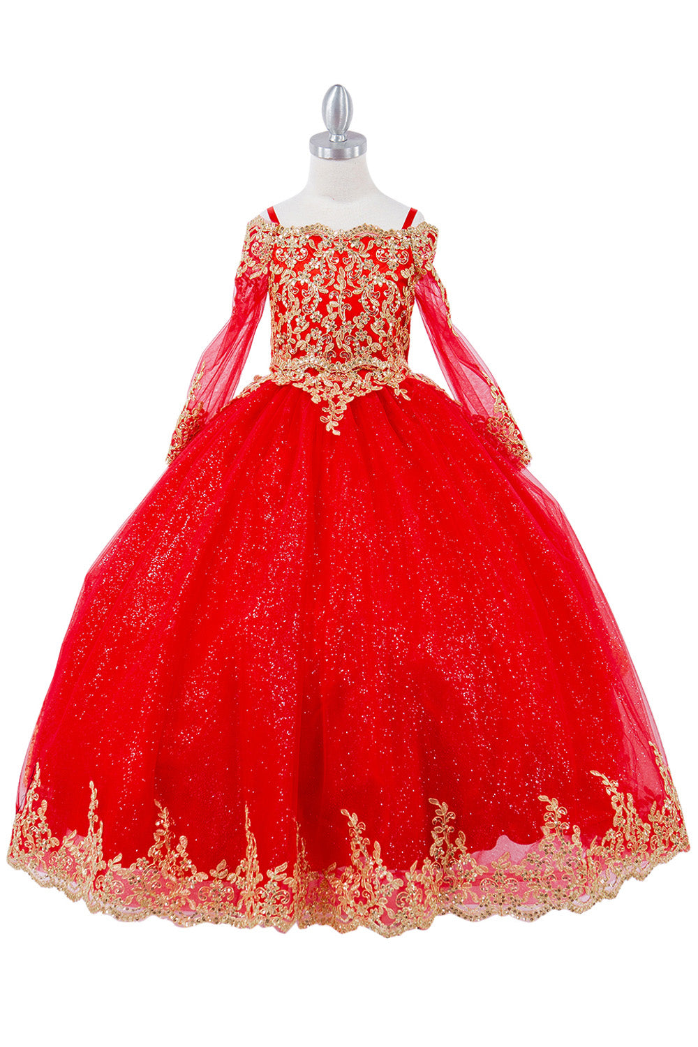 Off Shoulder Glitter Tulle Decorated Gold Coil Lace Long Girl Dress CU8059X Elsy Style Kids Dress