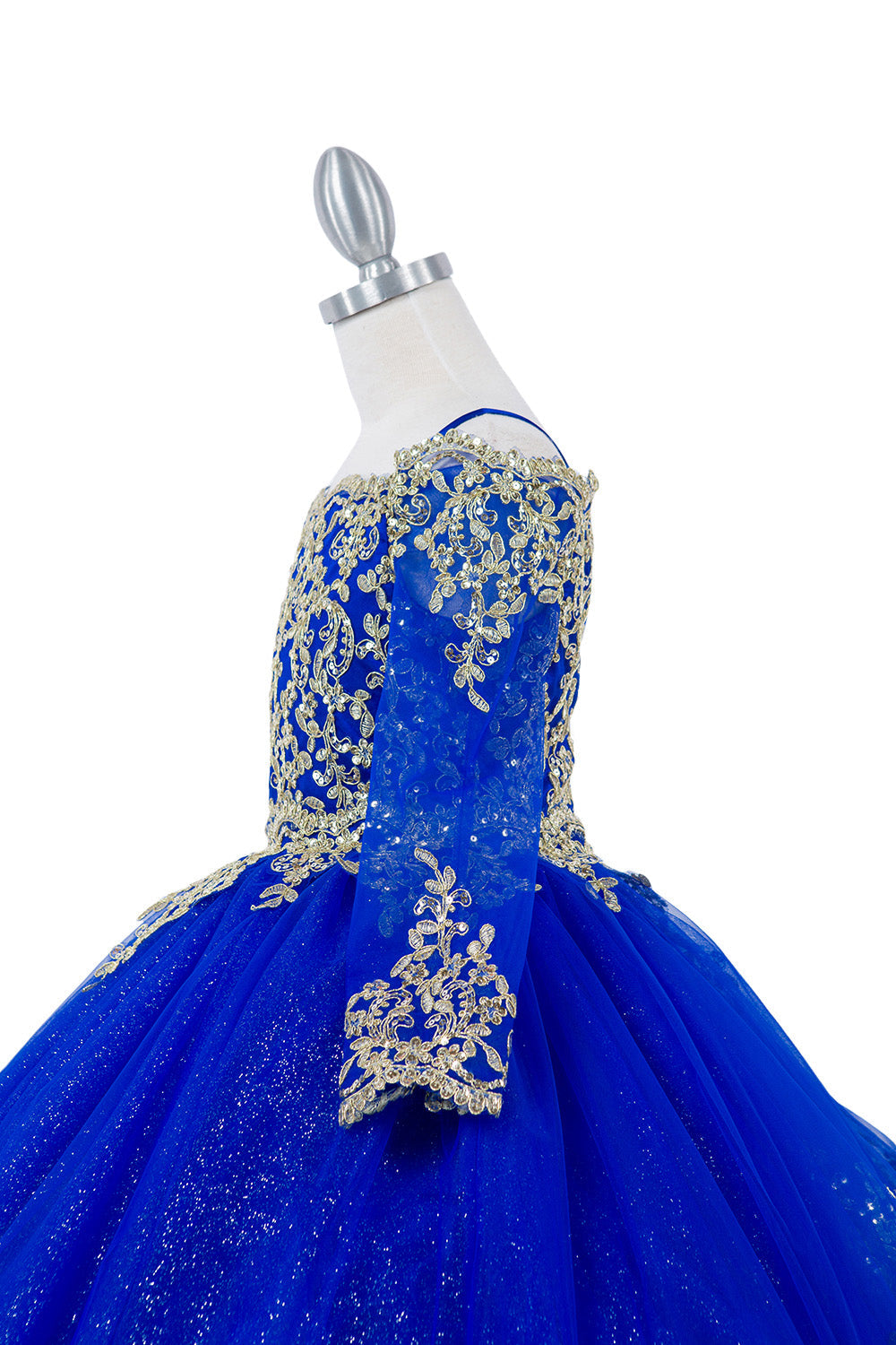 Off Shoulder Glitter Tulle Decorated Gold Coil Lace Long Kids Dress CU8059 Elsy Style Kids Dress