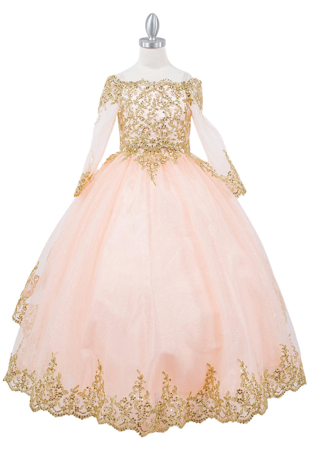 Off Shoulder Glitter Tulle Decorated Gold Coil Lace Long Kids Dress CU8059 Elsy Style Kids Dress