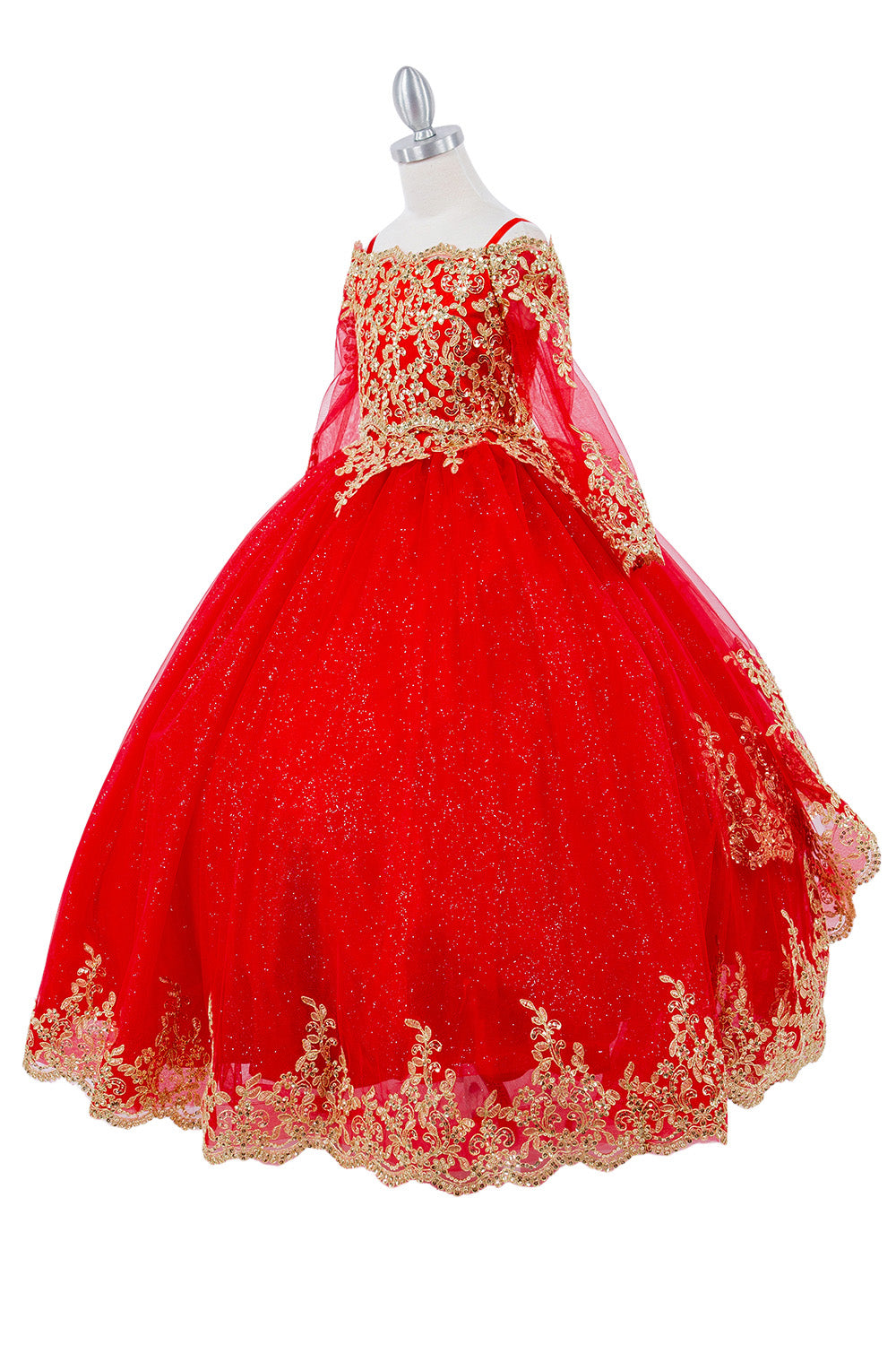 Off Shoulder Glitter Tulle Decorated Gold Coil Lace Long Kids Dress CU8059 Elsy Style Kids Dress