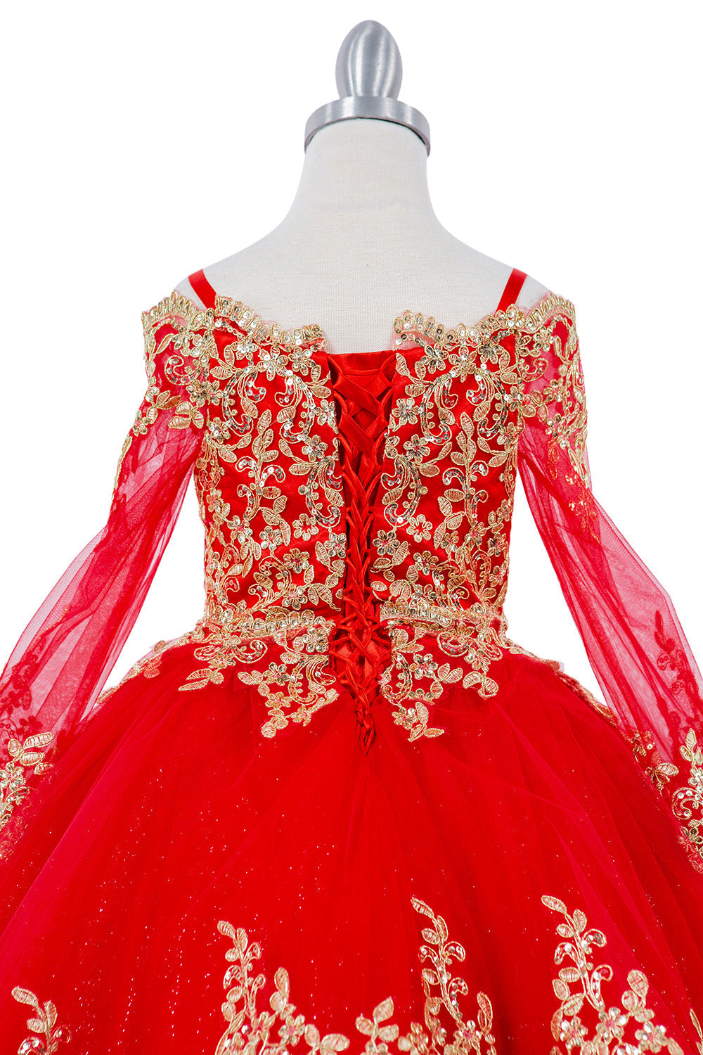 Off Shoulder Glitter Tulle Decorated Gold Coil Lace Long Kids Dress CU8059 Elsy Style Kids Dress