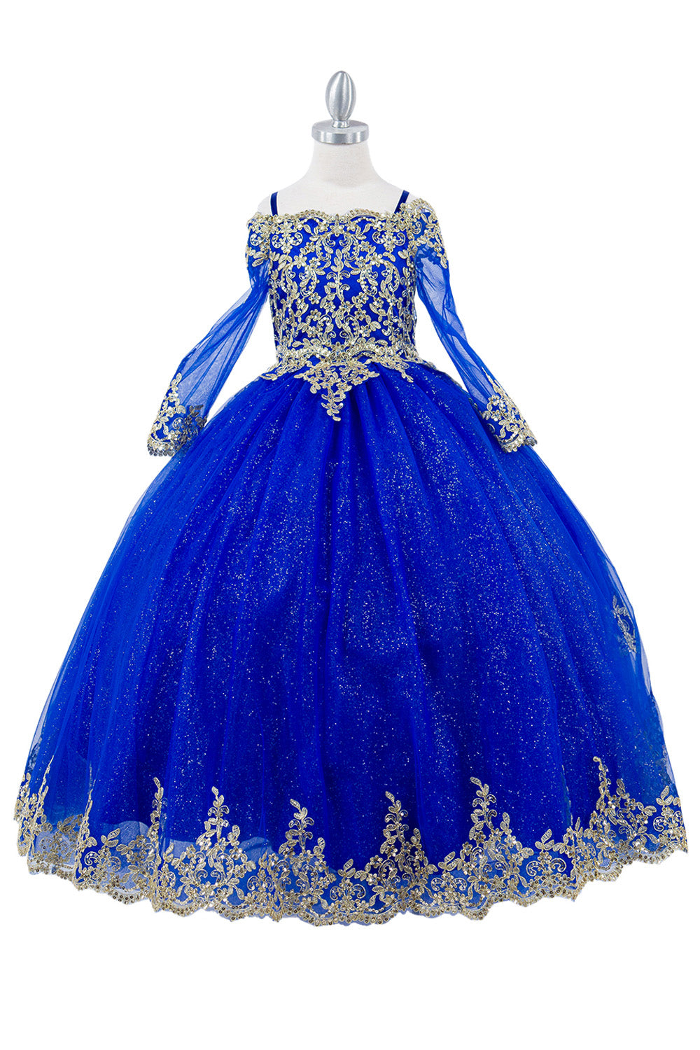 Off Shoulder Glitter Tulle Decorated Gold Coil Lace Long Kids Dress CU8059 Elsy Style Kids Dress