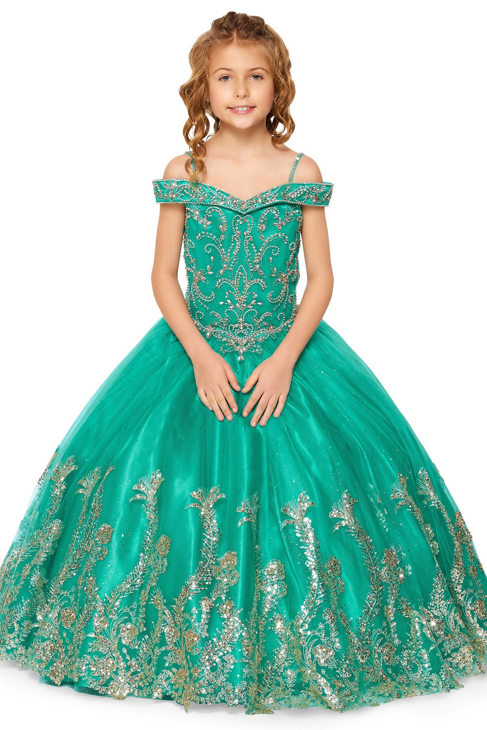 Off Shoulder Hand Beaded Rhinestone Glitter Mesh Quinceanera Girl Dress CU8017X Elsy Style Kids Dress