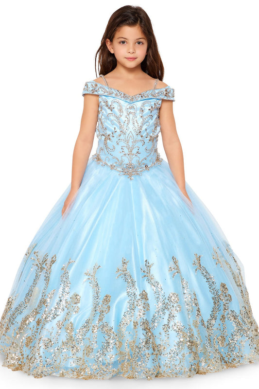 Off Shoulder Hand Beaded Rhinestone Glitter Mesh Quinceanera Girl Dress CU8017X Elsy Style Kids Dress