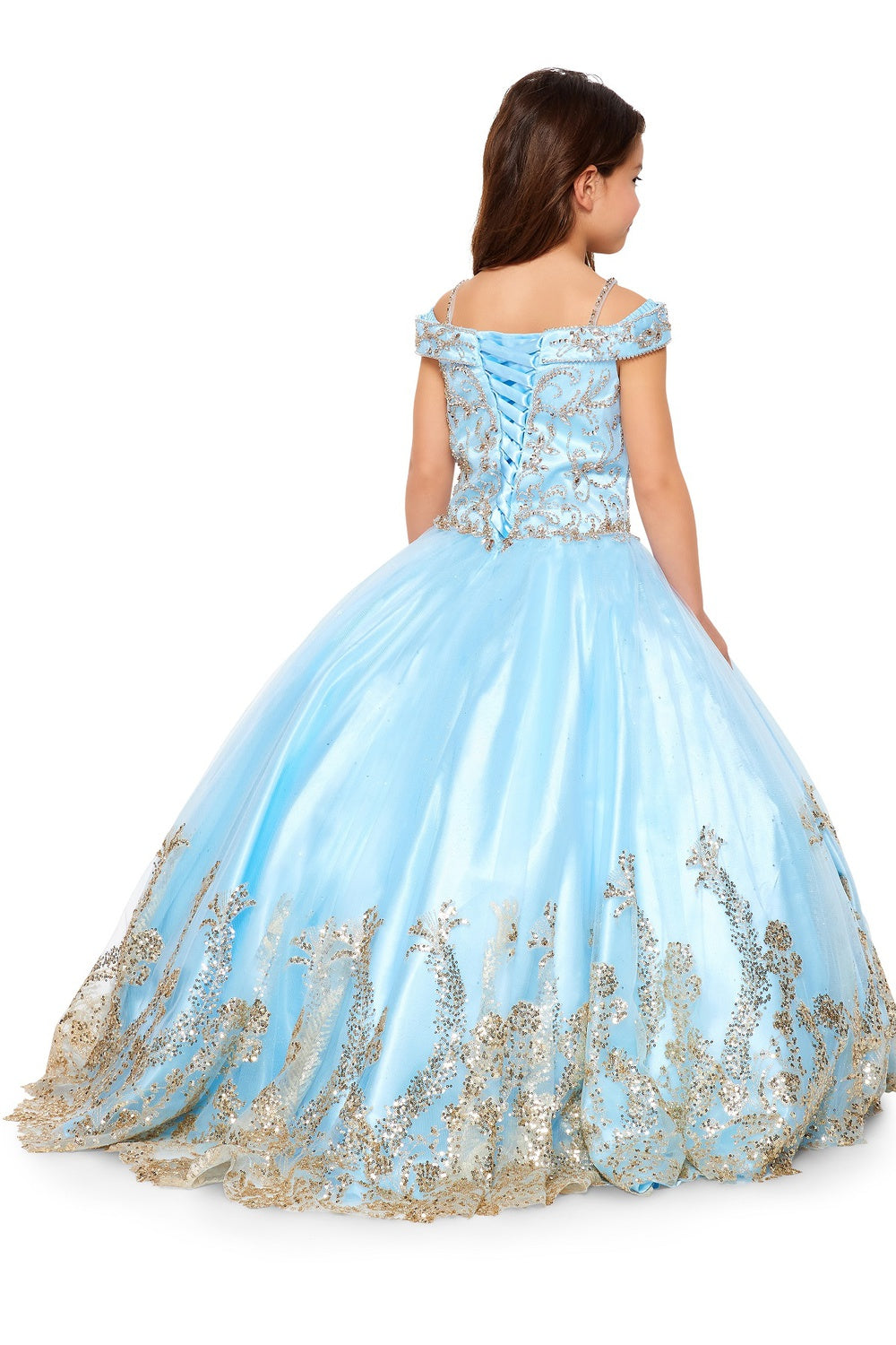 Off Shoulder Hand Beaded Rhinestone Glitter Mesh Quinceanera Kids Dress CU8017 Elsy Style Kids Dress