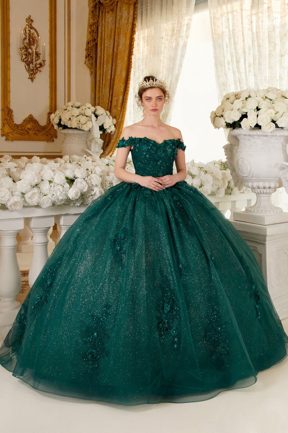 Off The Shoulder floral quince & Prom ball gown Off Shoulder Strapless Floral Sequin Gown Princess Tender Gala Masquerade Dress CD15702 Elsy Style Quinceanera Dress