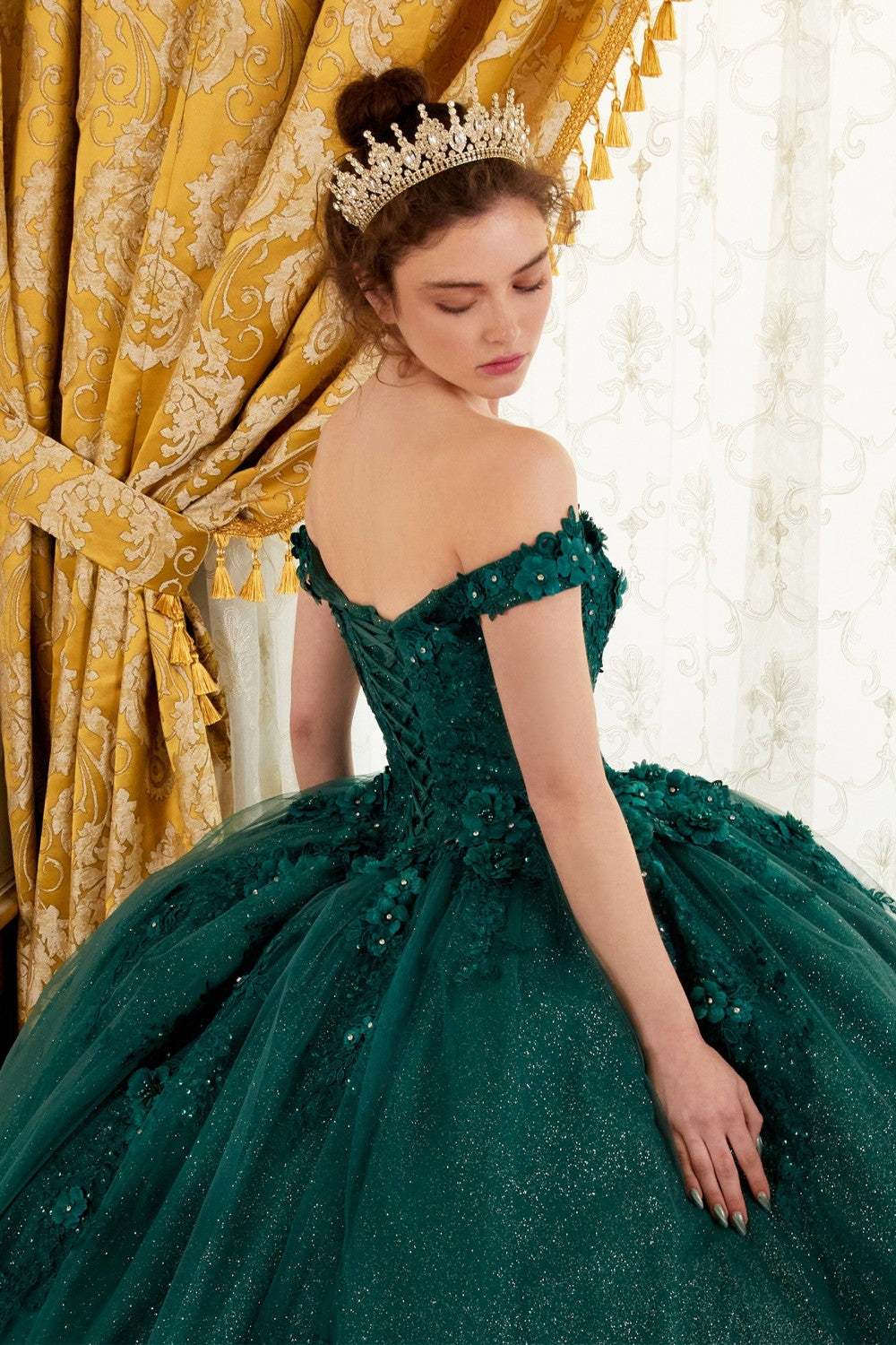 Off The Shoulder floral quince & Prom ball gown Off Shoulder Strapless Floral Sequin Gown Princess Tender Gala Masquerade Dress CD15702 Elsy Style Quinceanera Dress